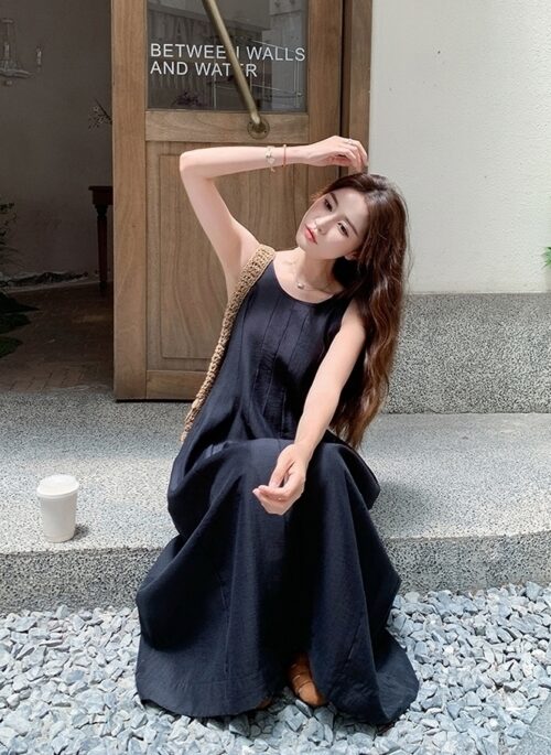 Elegant Black French Style Waist Dress Summer Collection