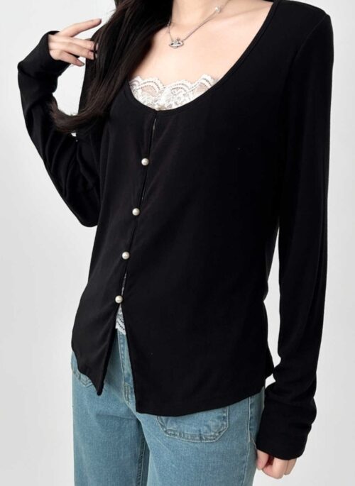 Elegant Black Lace Layered Slim Fit Top