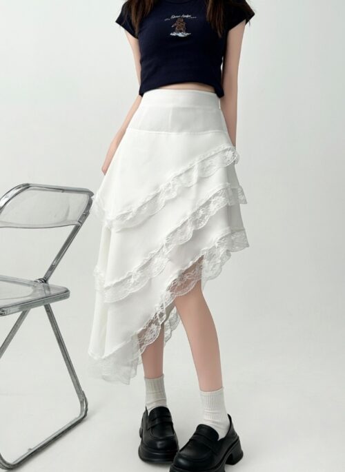 Elegant Black Lace Ruffle Midi Skirt