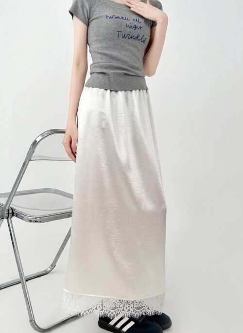 Elegant Lace Satin High Waist Midi Skirt