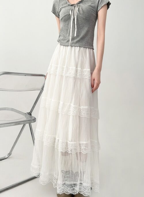 Elegant Lace Trim White Tiered Midi Skirt
