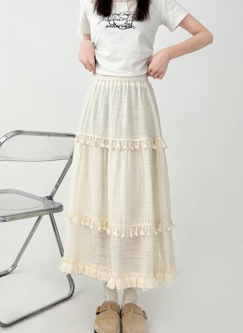 Elegant Tassel Patchwork Tiered Midi Skirt
