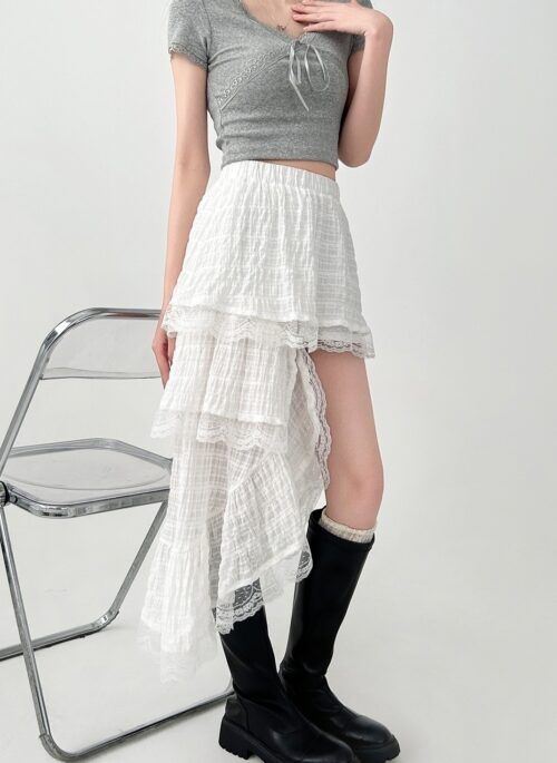 Elegant White Lace Layered Midi Skirt