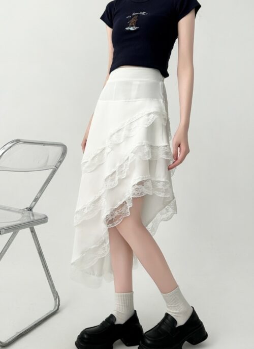 Elegant White Lace Ruffle Midi Skirt
