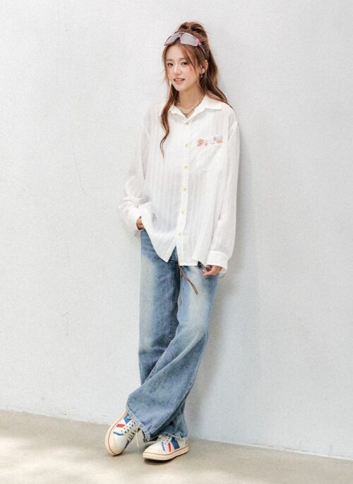 Floral Embroidered White Textured Long Sleeve Shirt