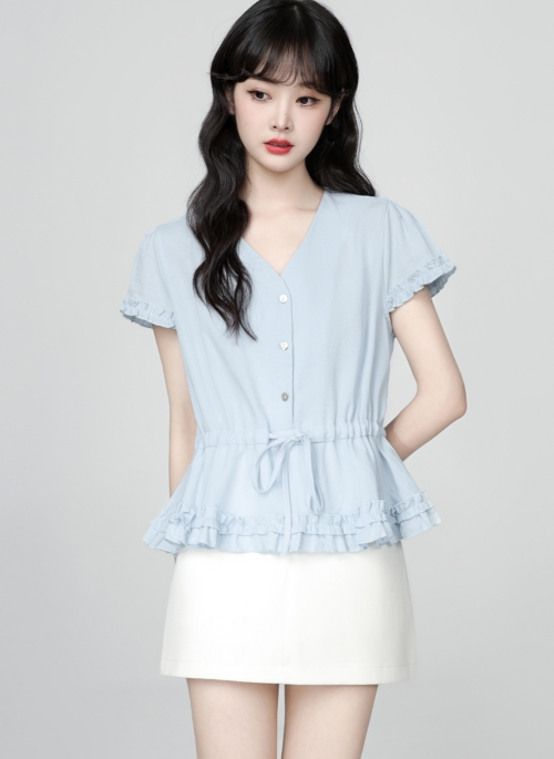 French Blue Ruffled V Neck Short Sleeve Blouse