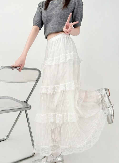 French Style Black Lace Midi A Line Skirt