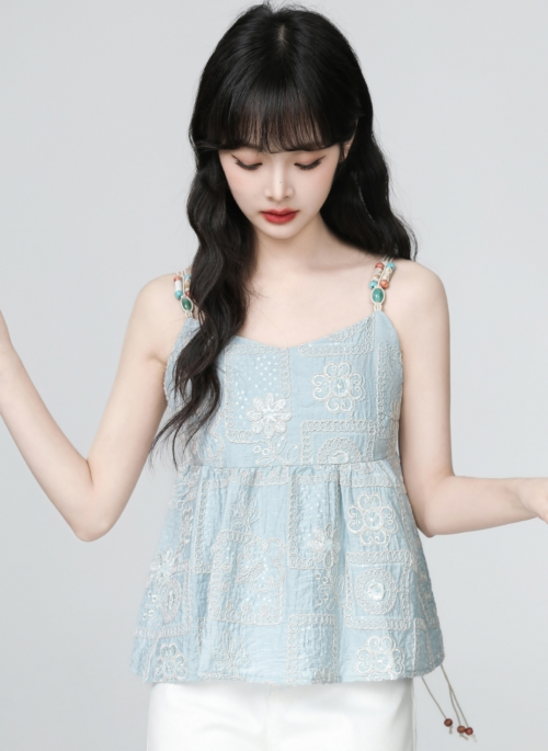 French Style Blue Embroidered Sleeveless Vest Top