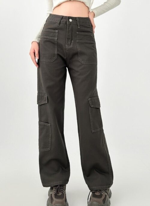 Gray High Waist Straight Leg Denim Cargo Pants
