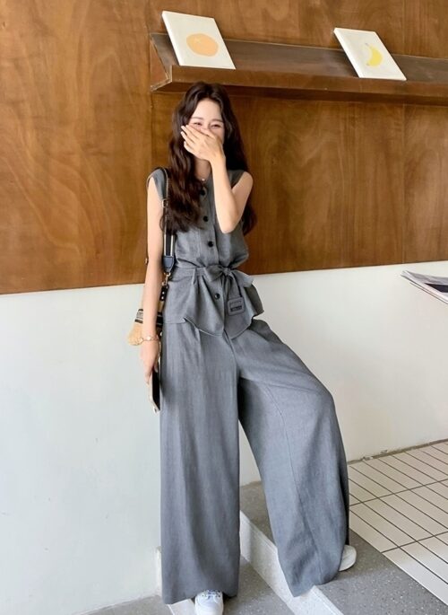 Gray Sleeveless Tie Waist Vest Wide Leg Pants Set