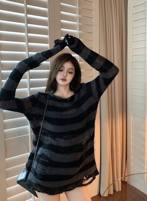 Grey And Black Stripes Hollow Knit Sweater | Jaehyuk - Treasure