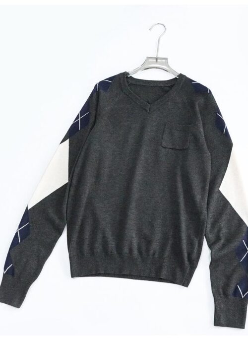 Grey Argyle Sleeve Knit Sweater | Yujin - IVE