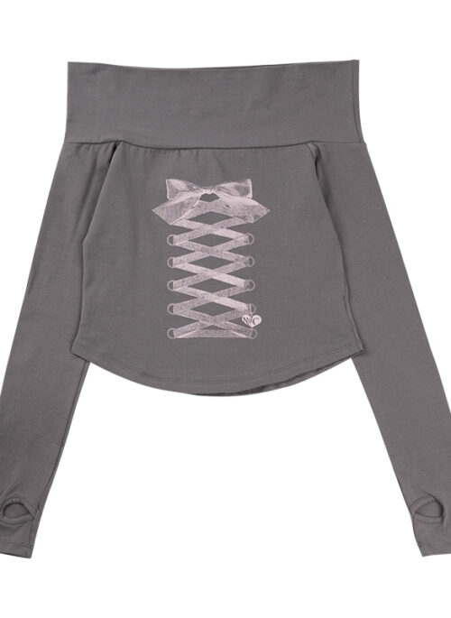 Grey Off-Shoulder Lace-Up Print Top | Yuqi – (G)I-DLE