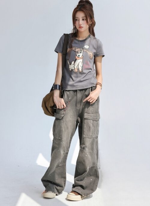 Hand Painted Puppy Print Slim Fit Short Sleeve Tee
