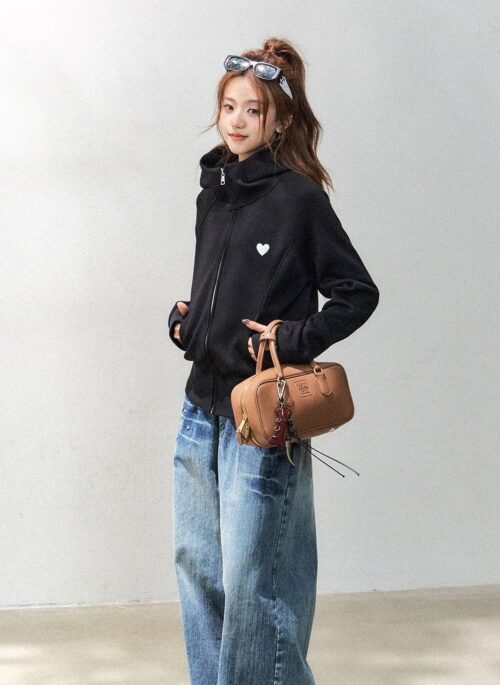 Heart Embroidered Zip Up Cropped Sweatshirt Jacket