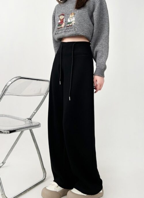 High Waist Black Patchwork Casual Wide Leg Pants