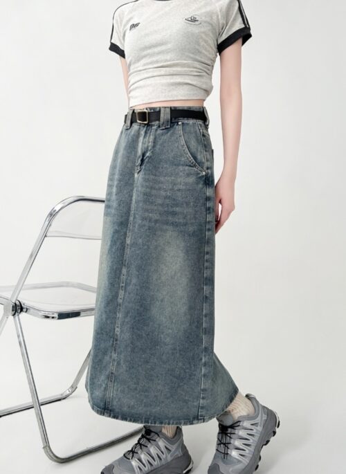 High Waist Denim A Line Midi Skirt