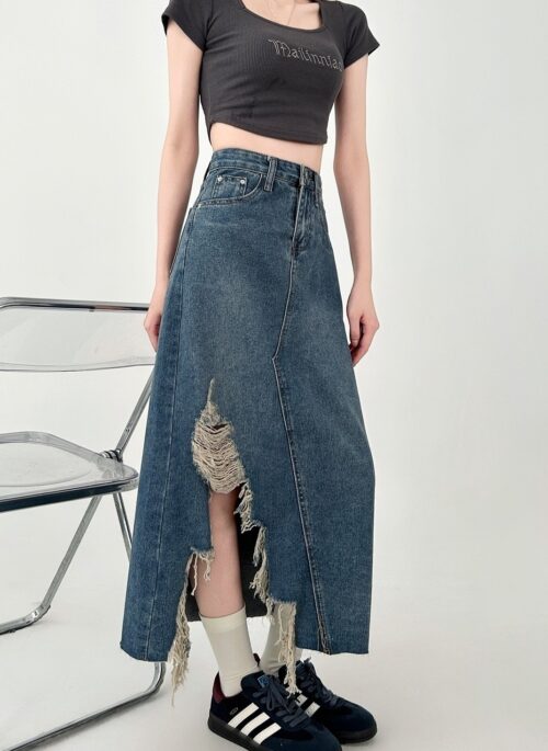 High Waist Denim A Line Midi Skirt