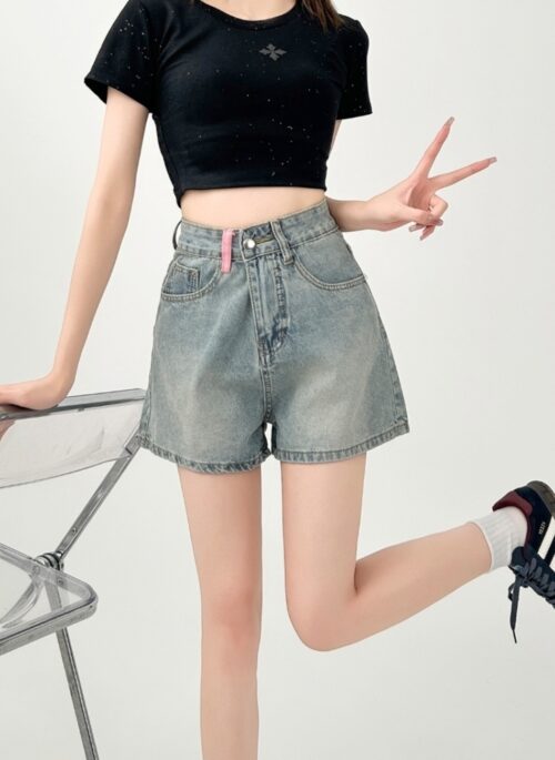 High Waist Embroidered Denim A Line Shorts