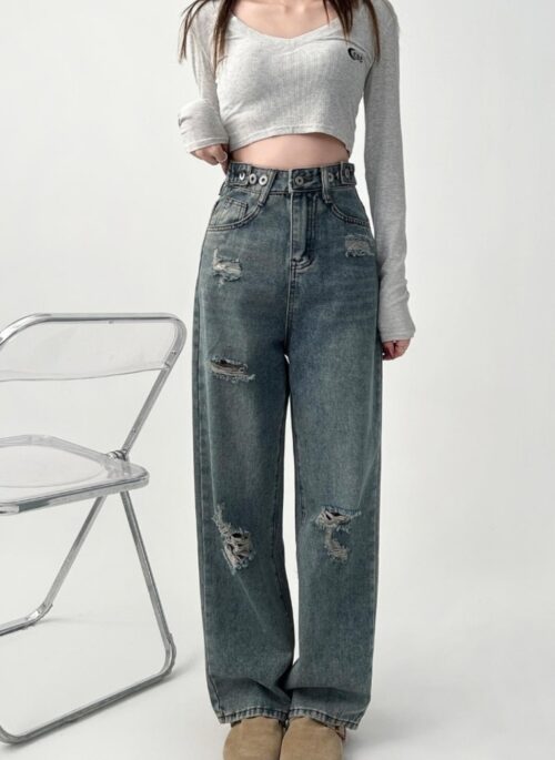 High Waist Loose Fit Distressed Wide Leg Jeans