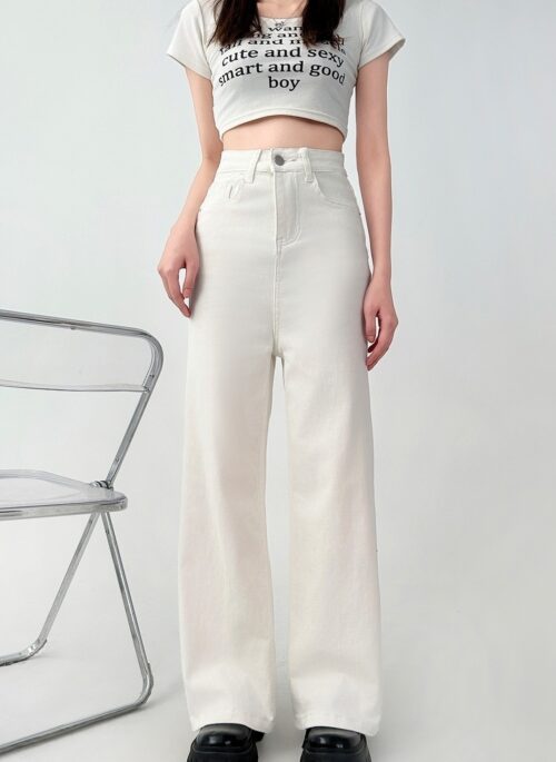 High Waist Loose White Denim Wide Leg Pants