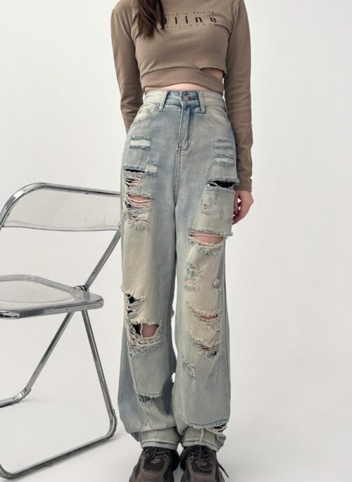 High Waist Wide Leg Distressed Denim Jeans