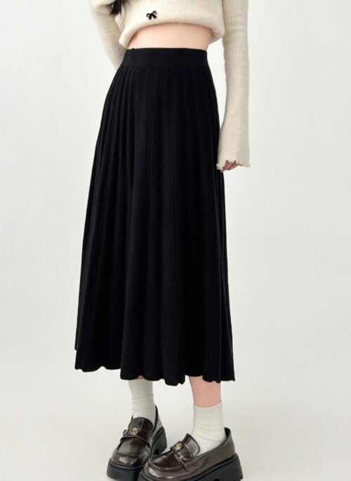 Knit High Waist Black A Line Midi Skirt
