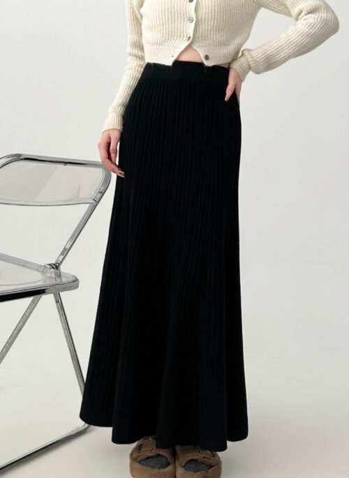 Knit High Waist Midi A Line Skirt Black
