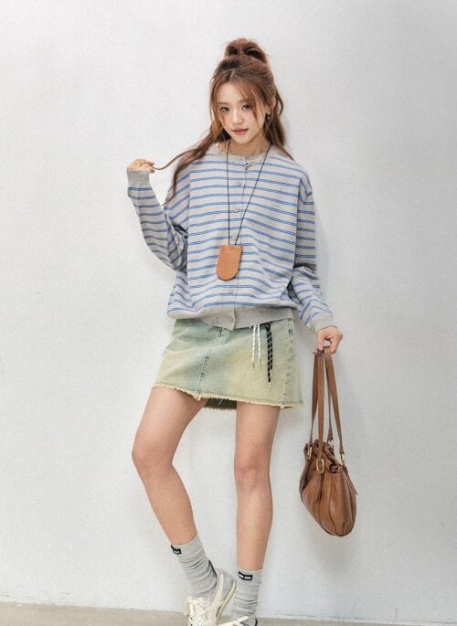 Korean Striped Knit Cardigan Retro Casual Sweater