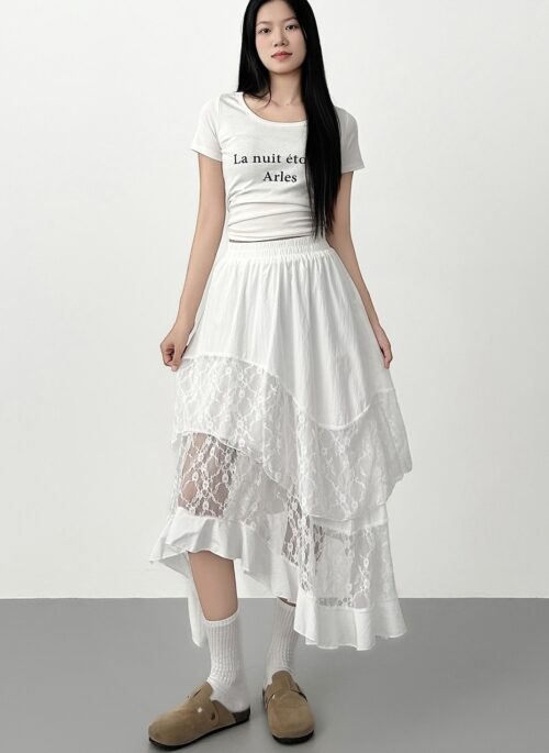 Lace Design White A Line Midi Skirt