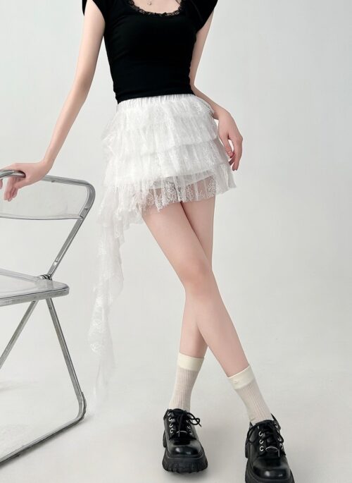 Lace High Waist Irregular Hem Cake Skirt