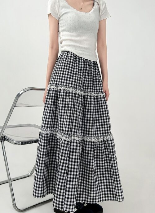 Lace Patchwork Plaid High Waist Midi Skirt