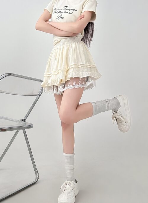 Lace Trim Ruffled A Line Skirt