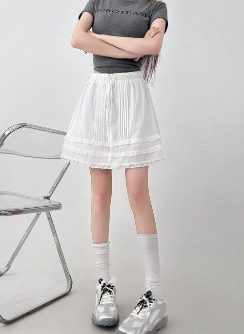 Lace Trim White A Line Skirt With Elastic Waist