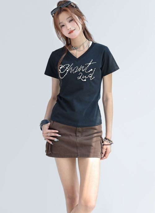 Letter Bead V Neck Sorona Cool Short Sleeve Top