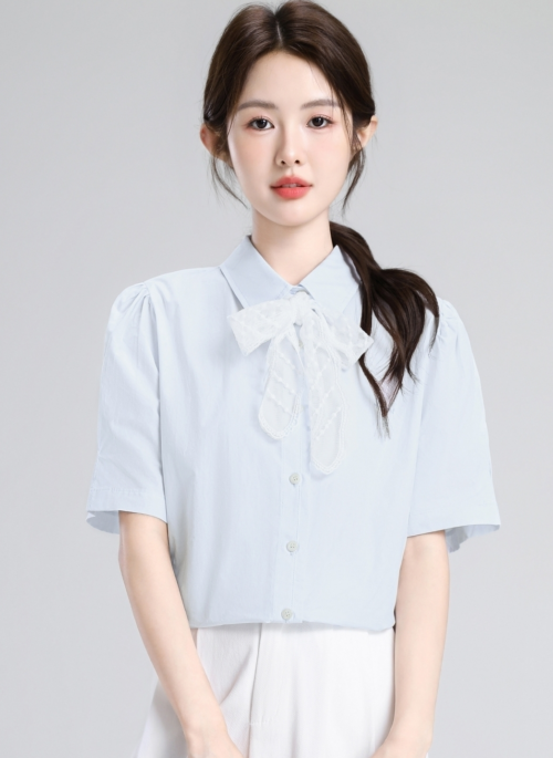 Light Blue Lace Tie Short Sleeve Polo Shirt