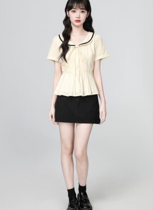 Peter Pan Collar Short Sleeve Tie Waist Shirt