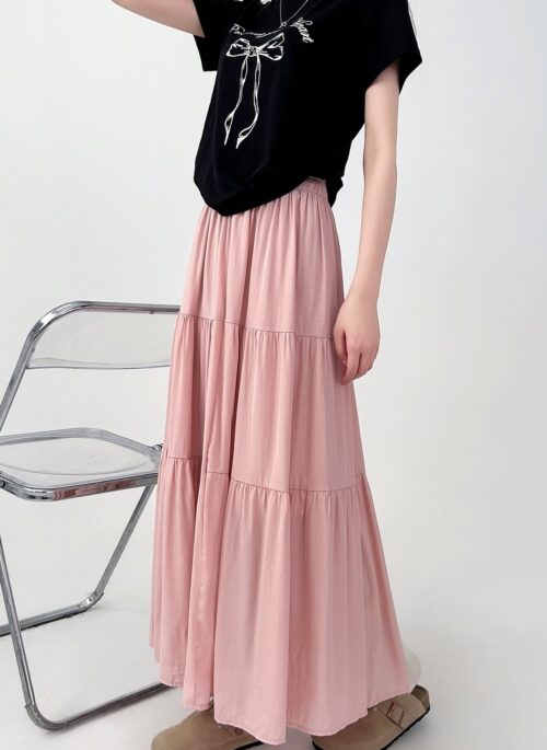 Pink High Waist A Line Layered Midi Skirt