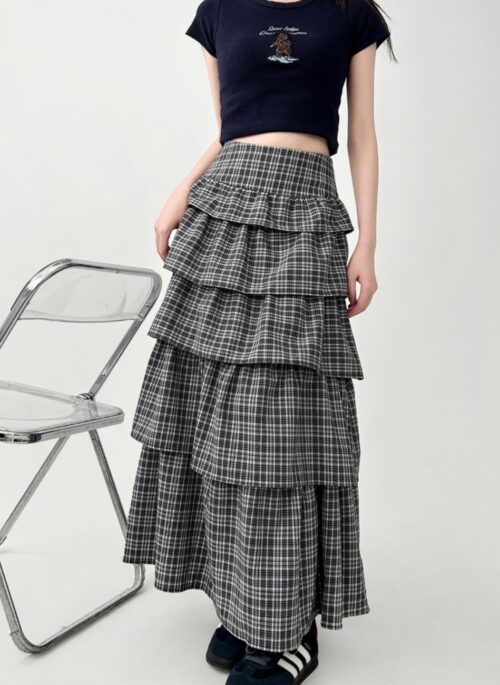 Plaid Layered Tulle Midi Skirt