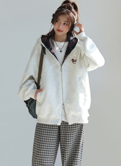 Plaid Patchwork Dachshund Embroidery Casual Zip Hoodie