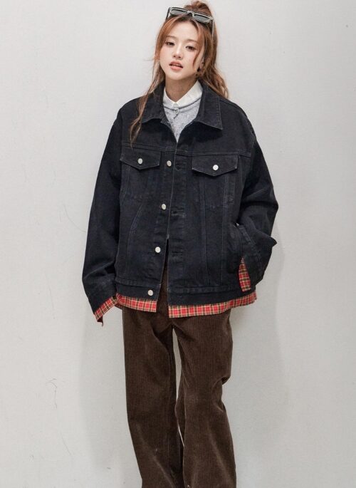 Plaid Patchwork Denim Layered Jacket