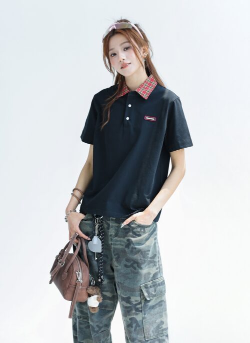 Plaid Patchwork Polo Collar Short Sleeve Top