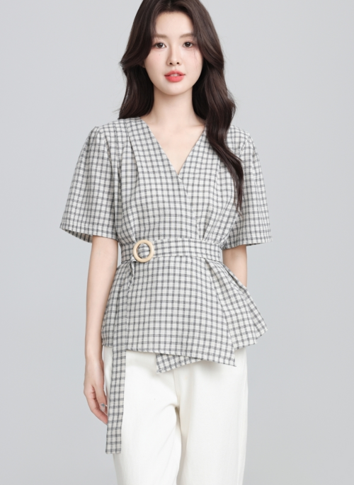Plaid Short Sleeve Irregular V Neck Tie Shirt