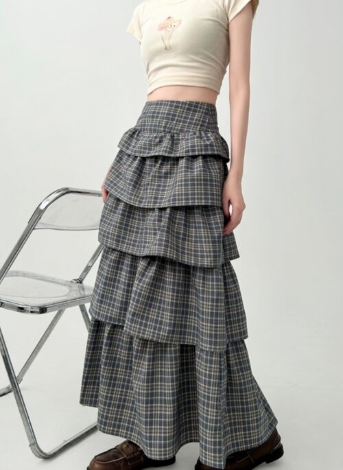 Plaid Vintage Tiered Midi Skirt