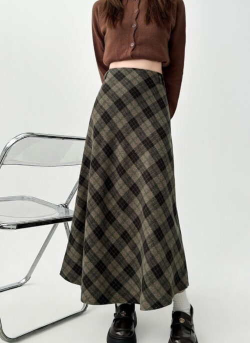 Plaid Vintage Wool A Line Midi Skirt