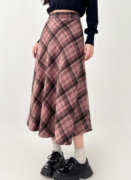 Plaid Vintage Wool Blend Midi Skirt Winter Collection