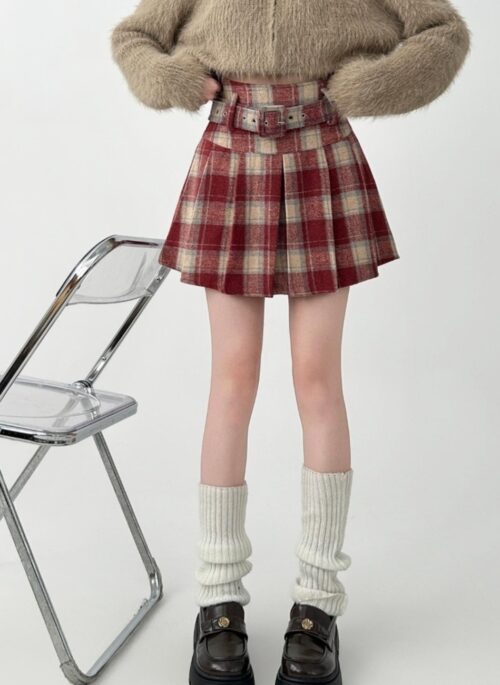 Plaid Wool Pleated Skirt Retro High Waist