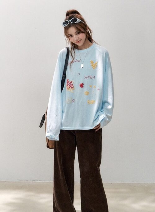 Playful Illustration Graffiti Print Long Sleeve T Shirt