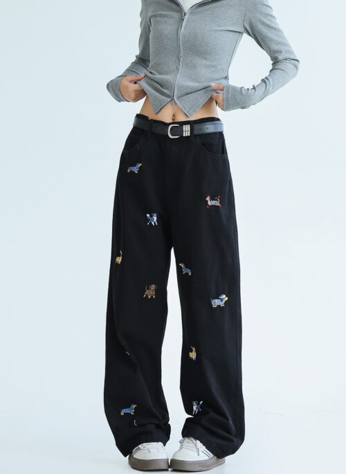 Playful Puppy Embroidered Wide Leg Denim Pants