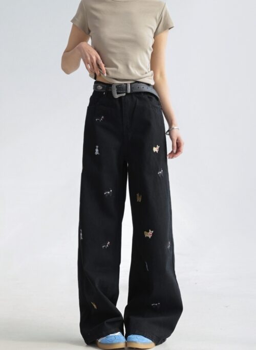 Playful Puppy Embroidery Wide Leg Denim Jeans